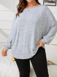SHEIN LUNE Plus Solid Batwing Sleeve Tee - Light Grey - View 7