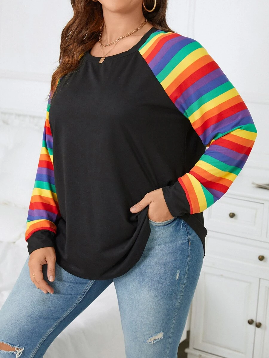 SHEIN LUNE Plus LGBT Rainbow Striped Raglan Sleeve Tee - Multicolor - View 1