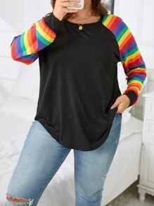 SHEIN LUNE Plus LGBT Rainbow Striped Raglan Sleeve Tee - Multicolor - View 6