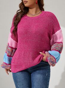 SHEIN Qutie Plus Size Women's Winter Casual Colorful Boxy Plus Size Space Dye Drop Shoulder Balloon Sleeve Sweater Knit Pullover Fall Outfit - Hot Pink - View 2