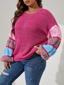 SHEIN Qutie Plus Size Women's Winter Casual Colorful Boxy Plus Size Space Dye Drop Shoulder Balloon Sleeve Sweater Knit Pullover Fall Outfit - Hot Pink - View 4