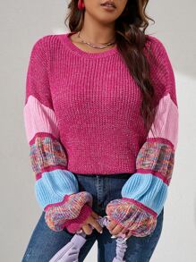 SHEIN Qutie Plus Size Women's Winter Casual Colorful Boxy Plus Size Space Dye Drop Shoulder Balloon Sleeve Sweater Knit Pullover Fall Outfit - Hot Pink - View 1