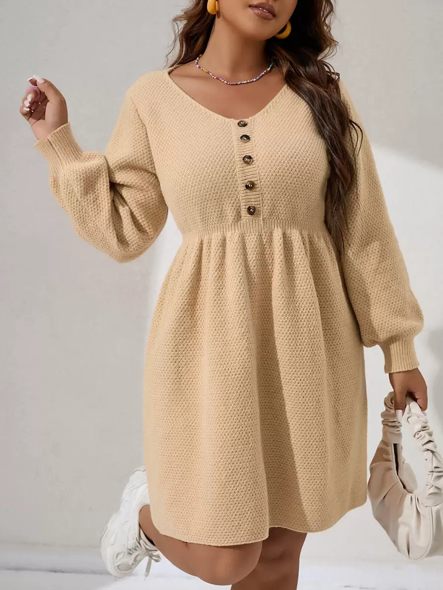 Calvaya Plus Lantern Sleeve Jumper Dress - Apricot - View 1