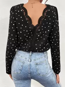 SHEIN Frenchy Heart Print Guipure Lace Insert Blouse - Black - View 1