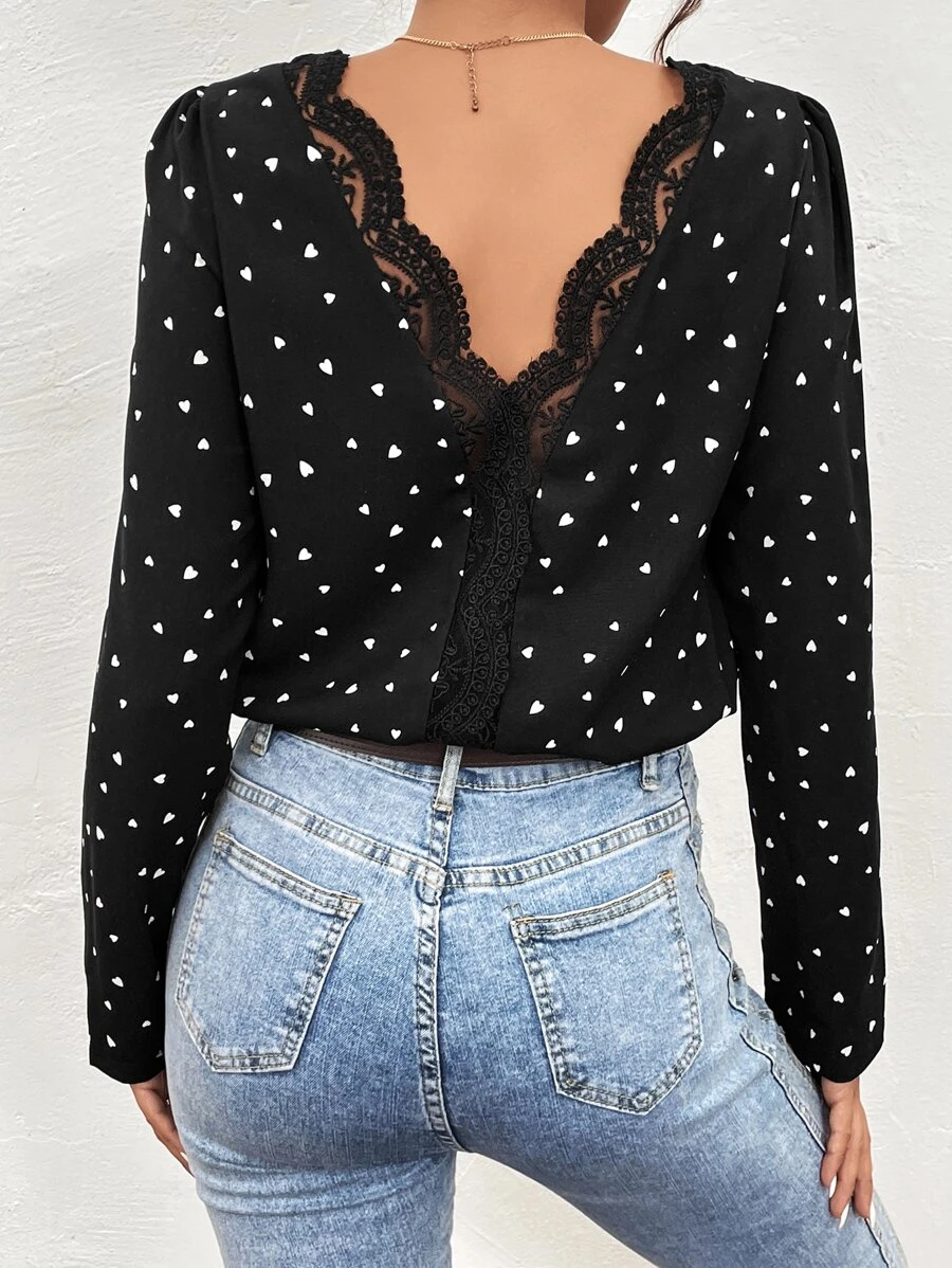SHEIN Frenchy Heart Print Guipure Lace Insert Blouse - Black - View 1