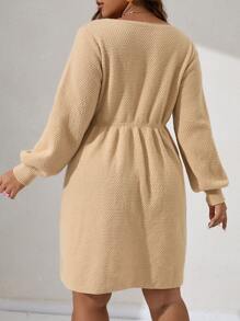 Calvaya Plus Lantern Sleeve Jumper Dress - Apricot - View 2