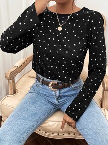 SHEIN Frenchy Heart Print Guipure Lace Insert Blouse - Black - View 2