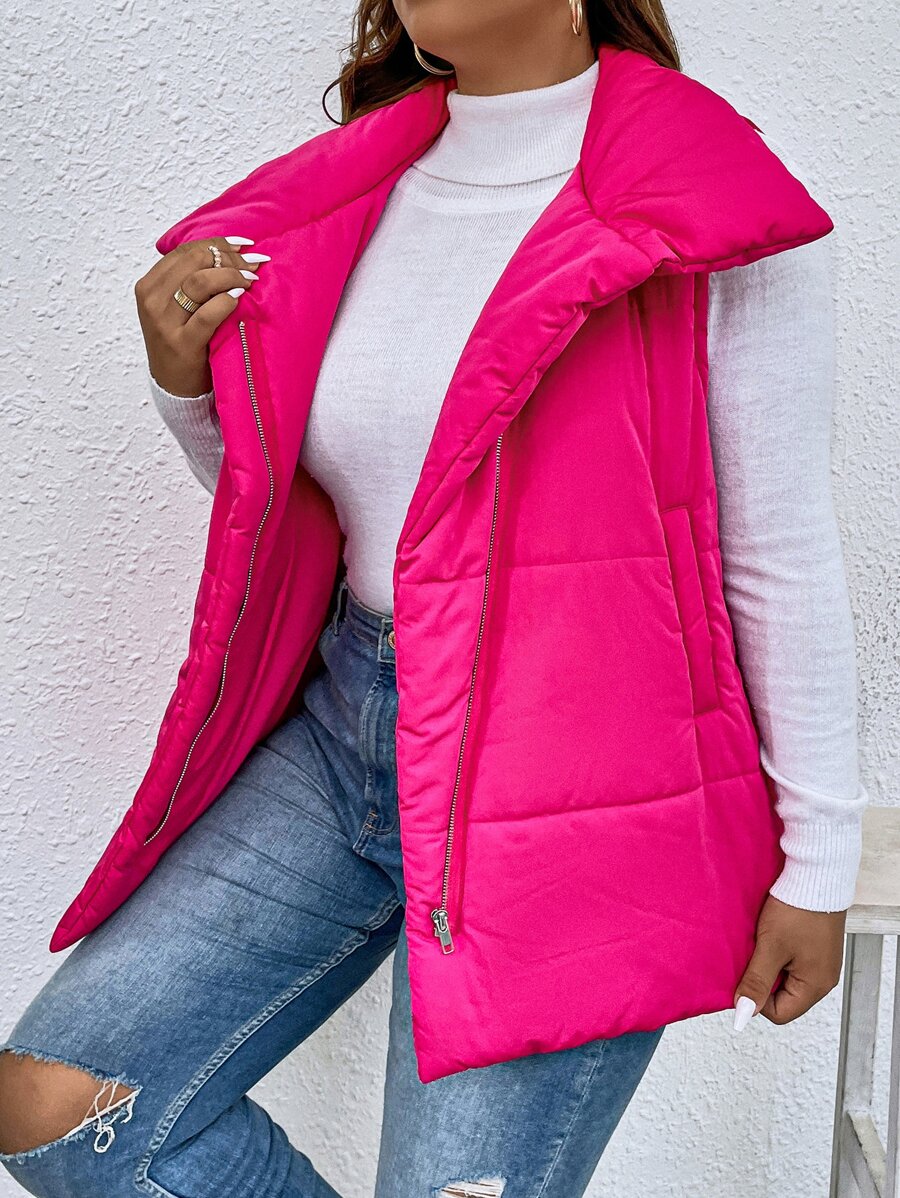Plus Zip Up Puffer Vest Coat - Hot Pink - View 1