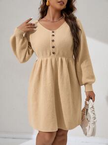 Calvaya Plus Lantern Sleeve Jumper Dress - Apricot - View 4