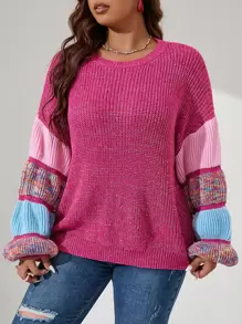 SHEIN Qutie Plus Size Women's Winter Casual Colorful Boxy Plus Size Space Dye Drop Shoulder Balloon Sleeve Sweater Knit Pullover Fall Outfit - Hot Pink - View 6