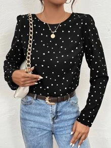 SHEIN Frenchy Heart Print Guipure Lace Insert Blouse - Black - View 3
