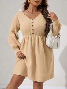 Calvaya Plus Lantern Sleeve Jumper Dress - Apricot - View 5