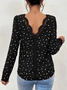 SHEIN Frenchy Heart Print Guipure Lace Insert Blouse - Black - View 4