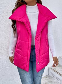 Plus Zip Up Puffer Vest Coat - Hot Pink - View 3
