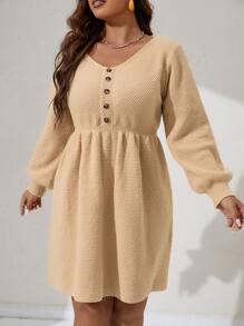 Calvaya Plus Lantern Sleeve Jumper Dress - Apricot - View 6