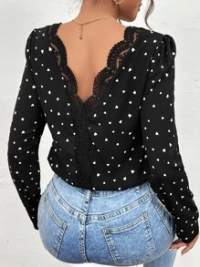 SHEIN Frenchy Heart Print Guipure Lace Insert Blouse - Black - View 5