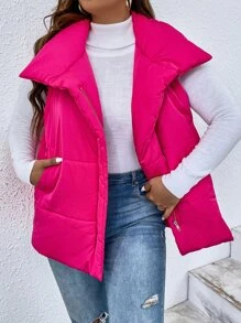 Plus Zip Up Puffer Vest Coat - Hot Pink - View 4