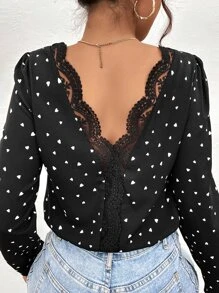 SHEIN Frenchy Heart Print Guipure Lace Insert Blouse - Black - View 6