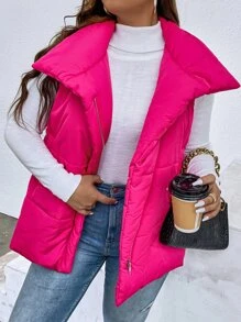 Plus Zip Up Puffer Vest Coat - Hot Pink - View 5