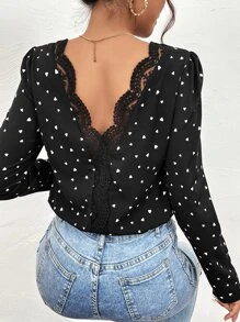 SHEIN Frenchy Heart Print Guipure Lace Insert Blouse - Black - View 7