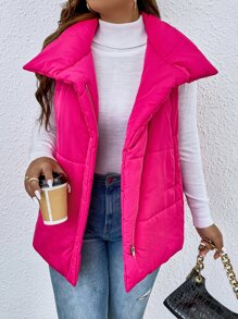 Plus Zip Up Puffer Vest Coat - Hot Pink - View 6