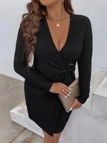 SHEIN Clasi Plus O-ring Detail Wrap Dress - Black - View 5