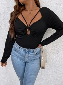 Celure Plus Cut Out Raglan Sleeve Tee - Black - View 6