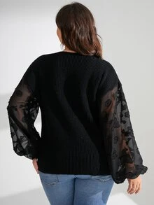 SHEIN LUNE Plus Contrast Mesh Pearls Beaded Lantern Sleeve Jumper - Black - View 2