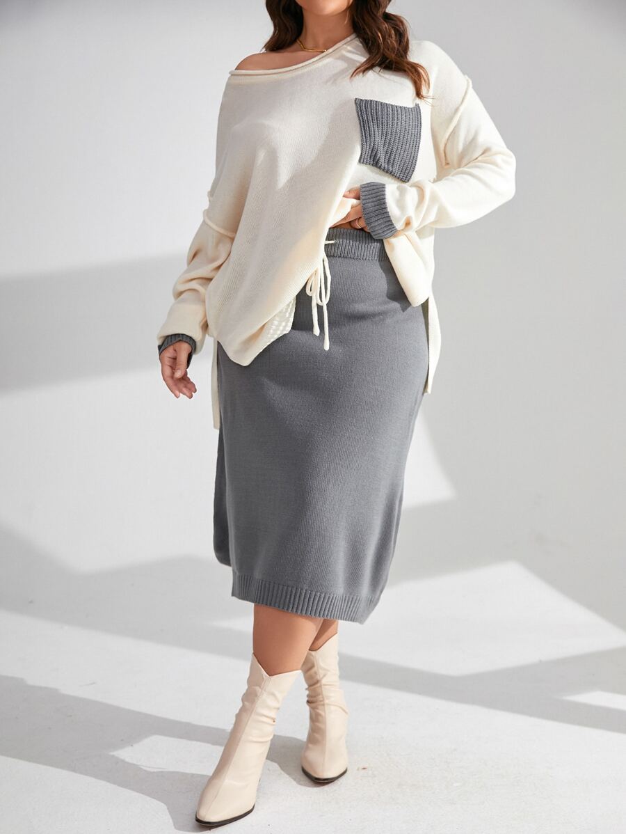 Calvaya Plus Pocket Patched Drop Shoulder Jumper & Drawstring Waist Knit Skirt - Multicolor - View 1