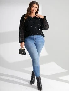 SHEIN LUNE Plus Contrast Mesh Pearls Beaded Lantern Sleeve Jumper - Black - View 5