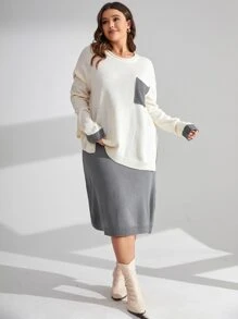 Calvaya Plus Pocket Patched Drop Shoulder Jumper & Drawstring Waist Knit Skirt - Multicolor - View 4