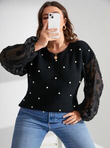 SHEIN LUNE Plus Contrast Mesh Pearls Beaded Lantern Sleeve Jumper - Black - View 1