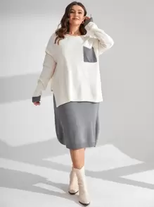 Calvaya Plus Pocket Patched Drop Shoulder Jumper & Drawstring Waist Knit Skirt - Multicolor - View 3