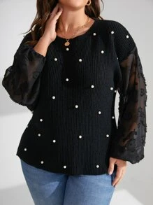 SHEIN LUNE Plus Contrast Mesh Pearls Beaded Lantern Sleeve Jumper - Black - View 3