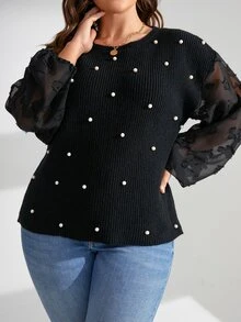 SHEIN LUNE Plus Contrast Mesh Pearls Beaded Lantern Sleeve Jumper - Black - View 6