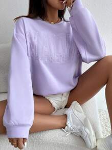 Muchica Loose Letter Embroidery Drop Shoulder Sweatshirt,Long Sleeve Tops - Lilac Purple - View 1
