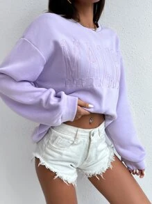 Muchica Loose Letter Embroidery Drop Shoulder Sweatshirt,Long Sleeve Tops - Lilac Purple - View 6