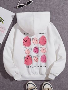 SHEIN Tween Girl Casual Regular Fit Fleece Heart And Slogan Printed Hooded Sweatshirt For Fall And Winter - White - View 1