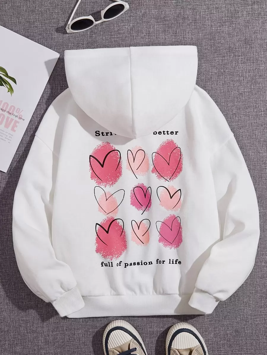 SHEIN Tween Girl Casual Regular Fit Fleece Heart And Slogan Printed Hooded Sweatshirt For Fall And Winter - White - View 1