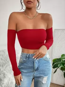 SHEIN PETITE Solid Off Shoulder Crop Off Shoulder Top