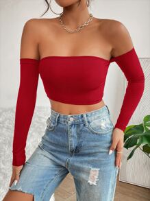 SHEIN PETITE Solid Off Shoulder Crop Off Shoulder Top