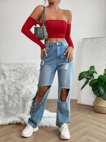 SHEIN PETITE Solid Off Shoulder Crop Off Shoulder Top