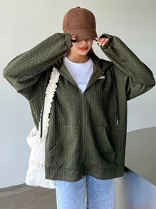 DAZY Solid Drop Shoulder Zip Up Hoodie - Army Green - View 4