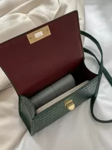 迷你鳄鱼压纹扭锁翻盖方形包 手提包、斜挎包、单肩包 简约、休闲 纯色 便携、轻便、配有可调节肩带 适合女性、新手和白领人士、适合女孩、适合女士 非常适合办公室、工作、商务、通勤 - 墨綠色 - 查看 3