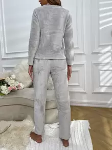 Eyelash & Heart Embroidery Flannel PJ Set / Pajama Set - Light Grey - View 2