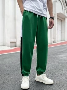 SHEIN X MOHA 男士字母刺繡拼接側邊接縫衛褲 - 綠色 - 查看 1