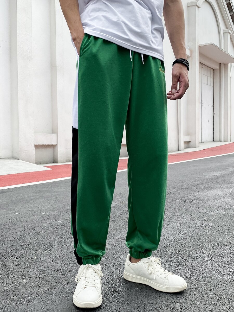 SHEIN X MOHA 男士字母刺繡拼接側邊接縫衛褲 - 綠色 - 查看 1