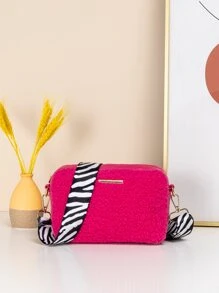 迷你螢光紅金屬細節毛茸茸方包 - 玫紅色 - 查看 1