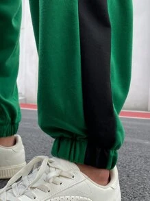 SHEIN X MOHA 男士字母刺繡拼接側邊接縫衛褲 - 綠色 - 查看 3