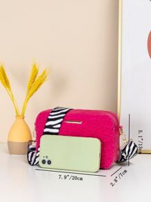 迷你螢光紅金屬細節毛茸茸方包 - 玫紅色 - 查看 3